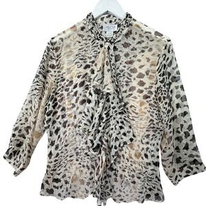 Silk Club Ruffle Neck Silk Blouse Womens M Tan Animal Print Sheer Chiffon Top